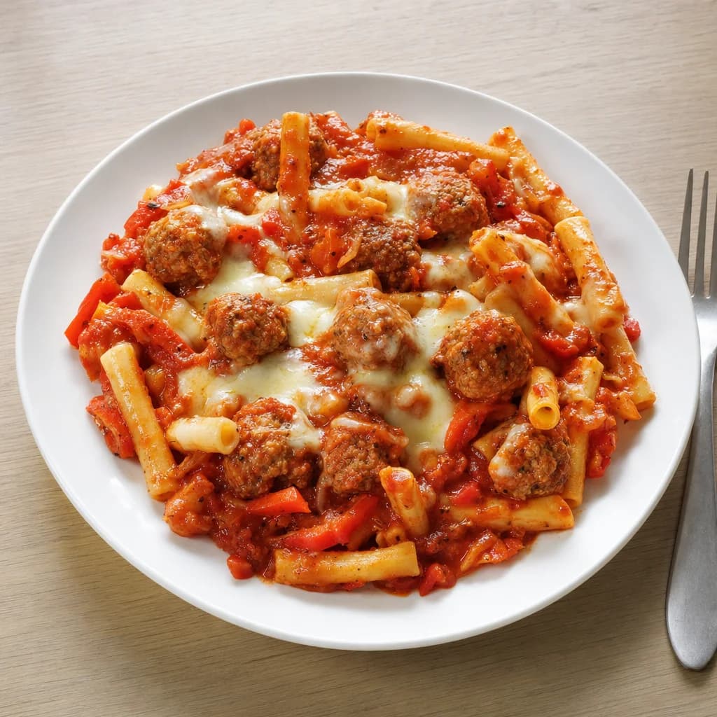 Slow Cooker Turkey Meatball and Pepper Pasta Bake recipe photograph