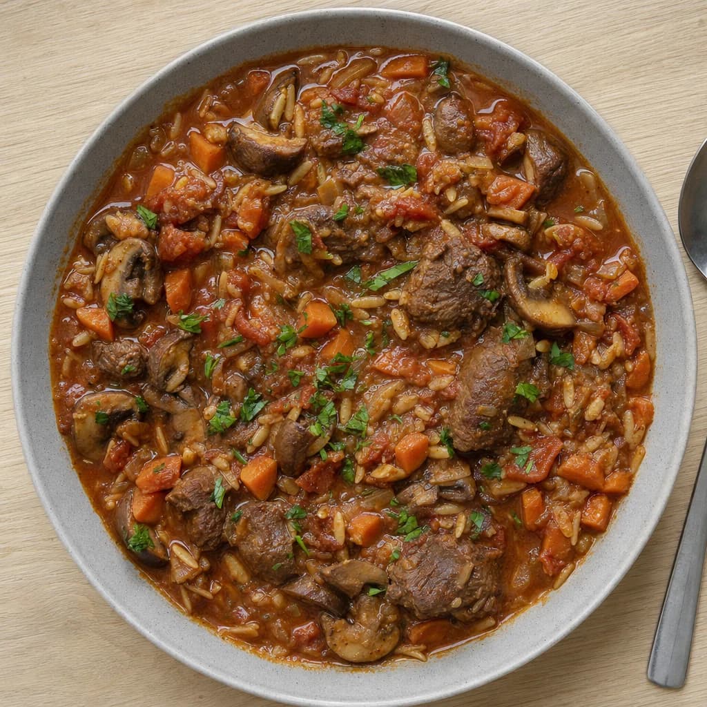Slow Cooker Beef Shin, Mushroom and Tomato Orzo recipe photograph