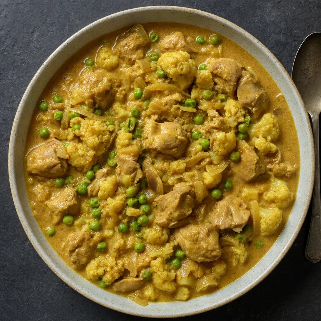 Slow Cooker Mild Coconut Chicken Curry with Cauliflower and Peas recipe photograph