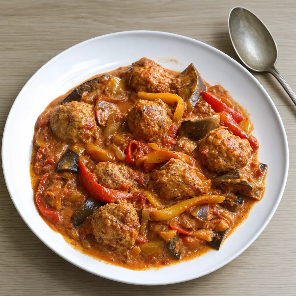 Slow Cooker Turkey Meatballs with Aubergine, Pepper and Tomato Sauce recipe photograph