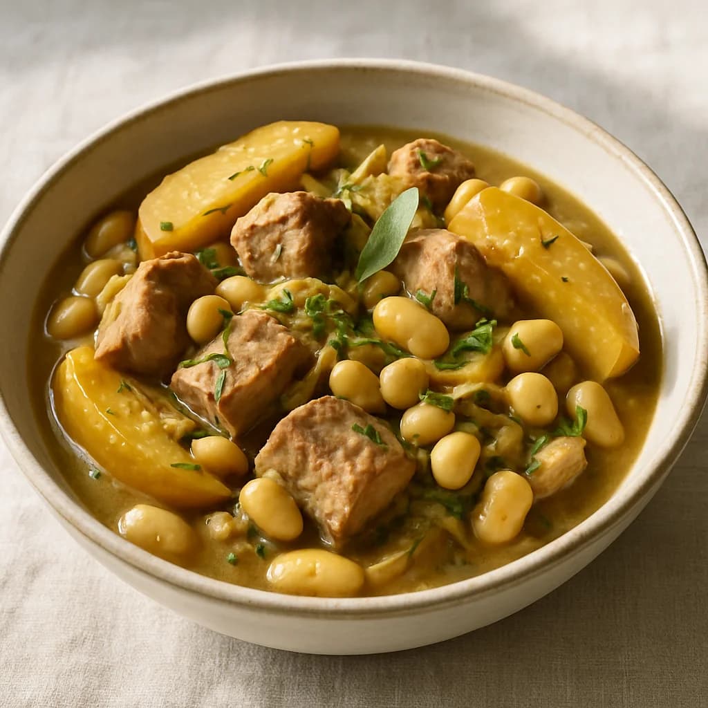Slow Cooker Pork Shoulder with Apple, Sage and Butter Beans recipe photograph