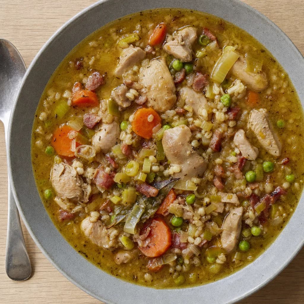 Slow Cooker Chicken, Bacon and Pearl Barley Broth recipe photograph