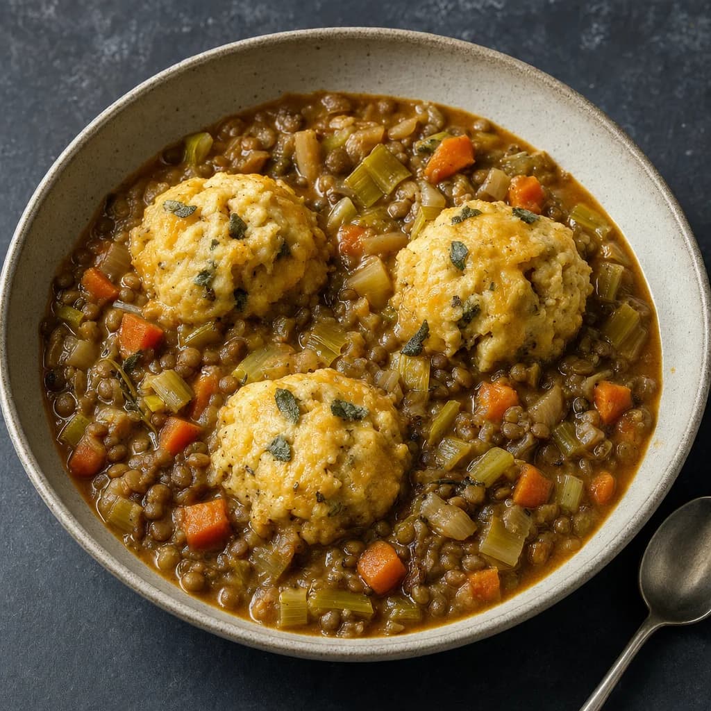 Slow Cooker Cider Lentil Pot with Cheddar-Sage Dumplings recipe photograph