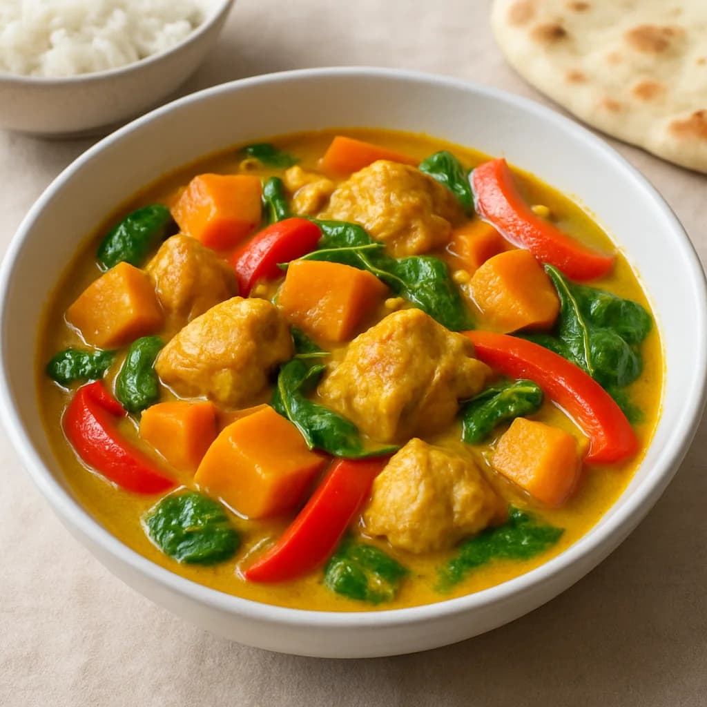 Slow Cooker Coconut Chicken, Sweet Potato and Spinach Curry recipe photograph