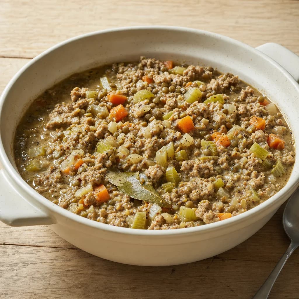 Slow Cooker Pork Mince, Mustard and Green Lentil Stew recipe photograph