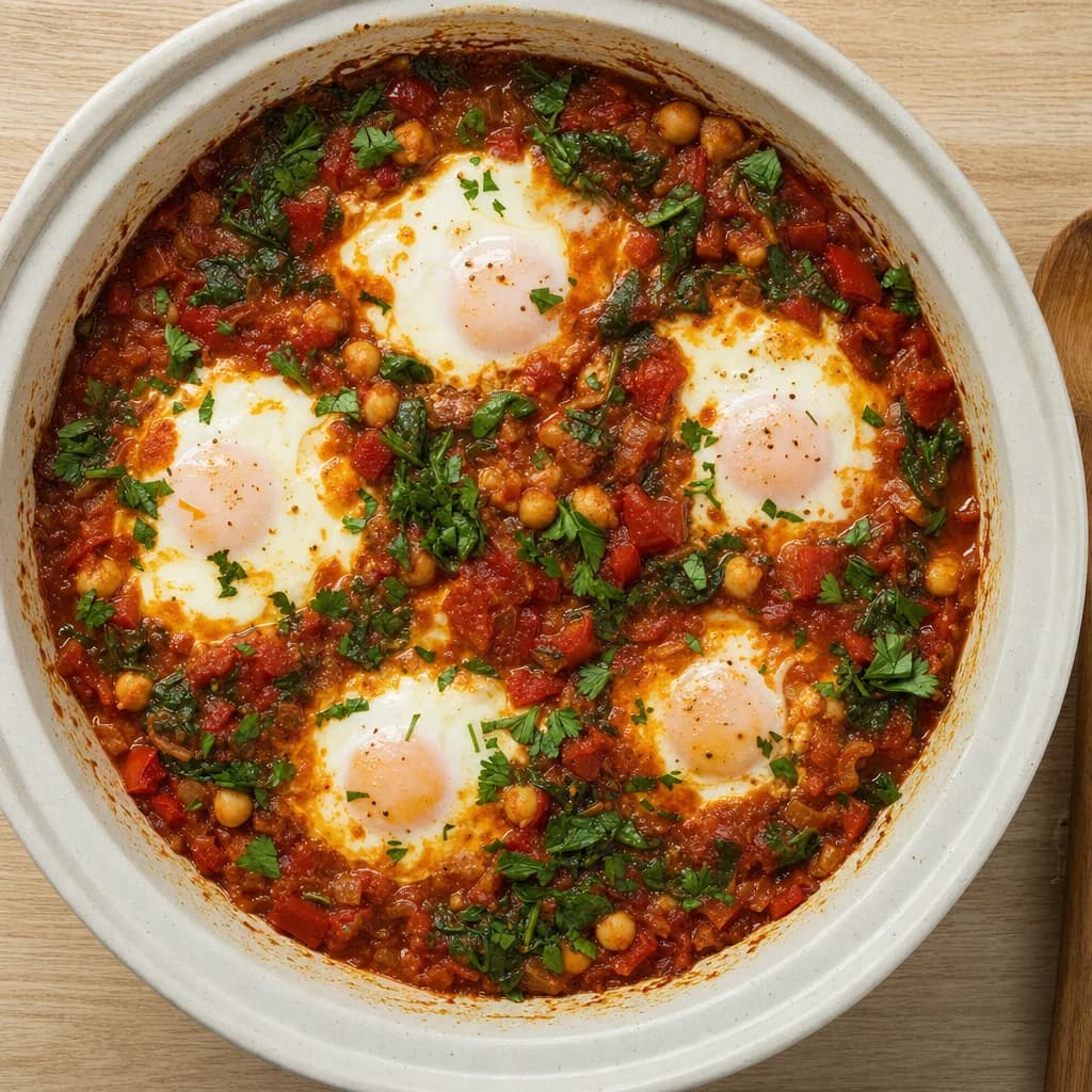 Slow Cooker Chickpea, Spinach and Tomato Shakshuka recipe photograph