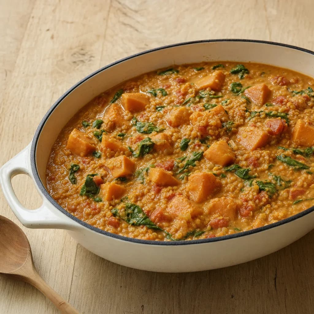 Slow Cooker Sweet Potato, Red Lentil and Coconut Satay Stew recipe photograph