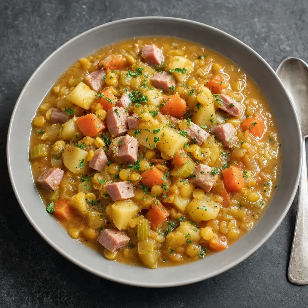 Slow Cooker Smoky Ham, Yellow Split Pea and Vegetable Pot recipe photograph