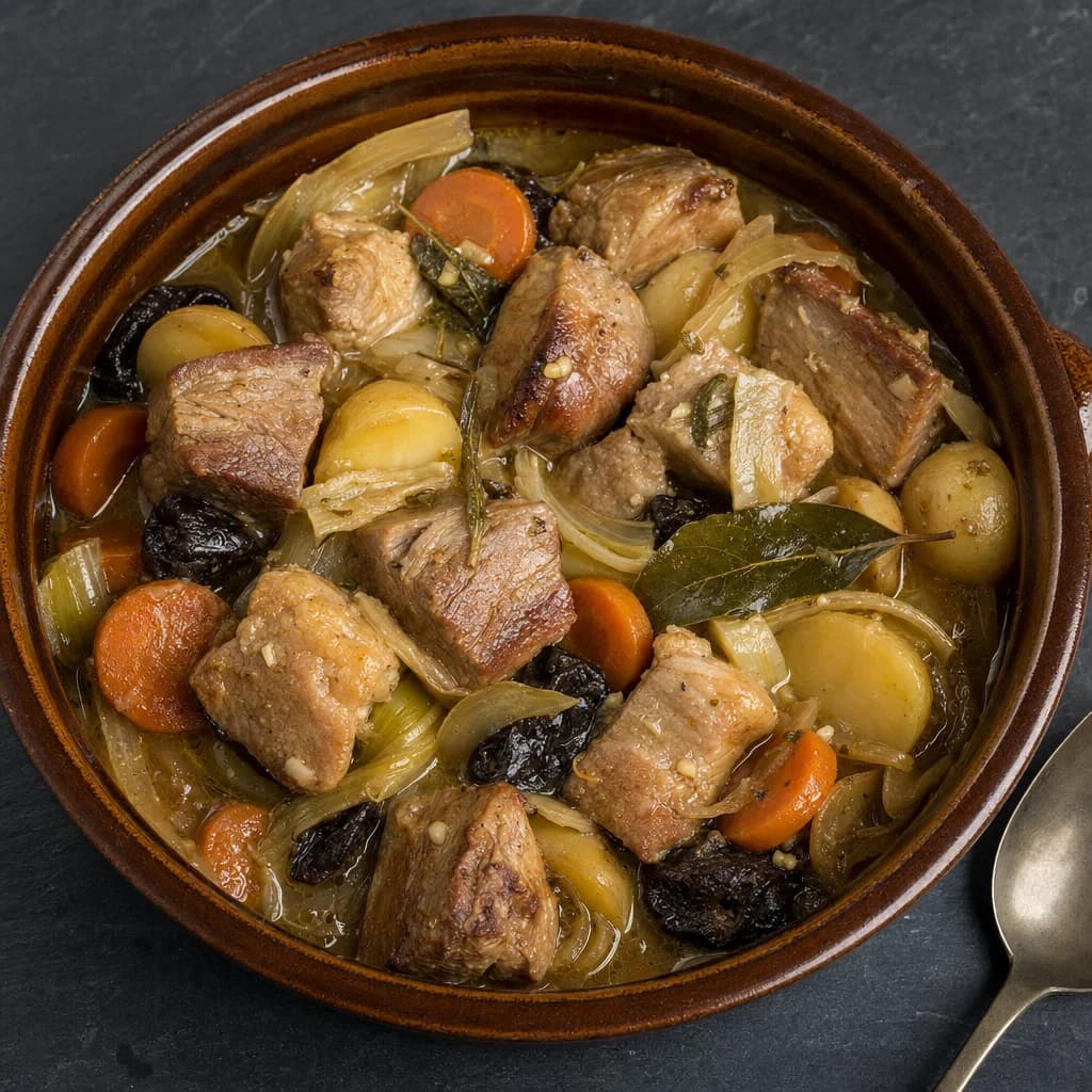 Slow Cooker Cider-Braised Pork Belly with Fennel and Prunes recipe photograph