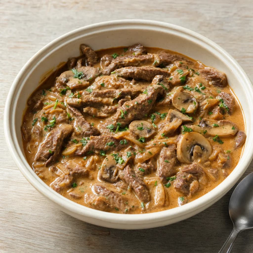 Slow Cooker Paprika Beef Strips with Mushrooms and Crème Fraîche recipe photograph