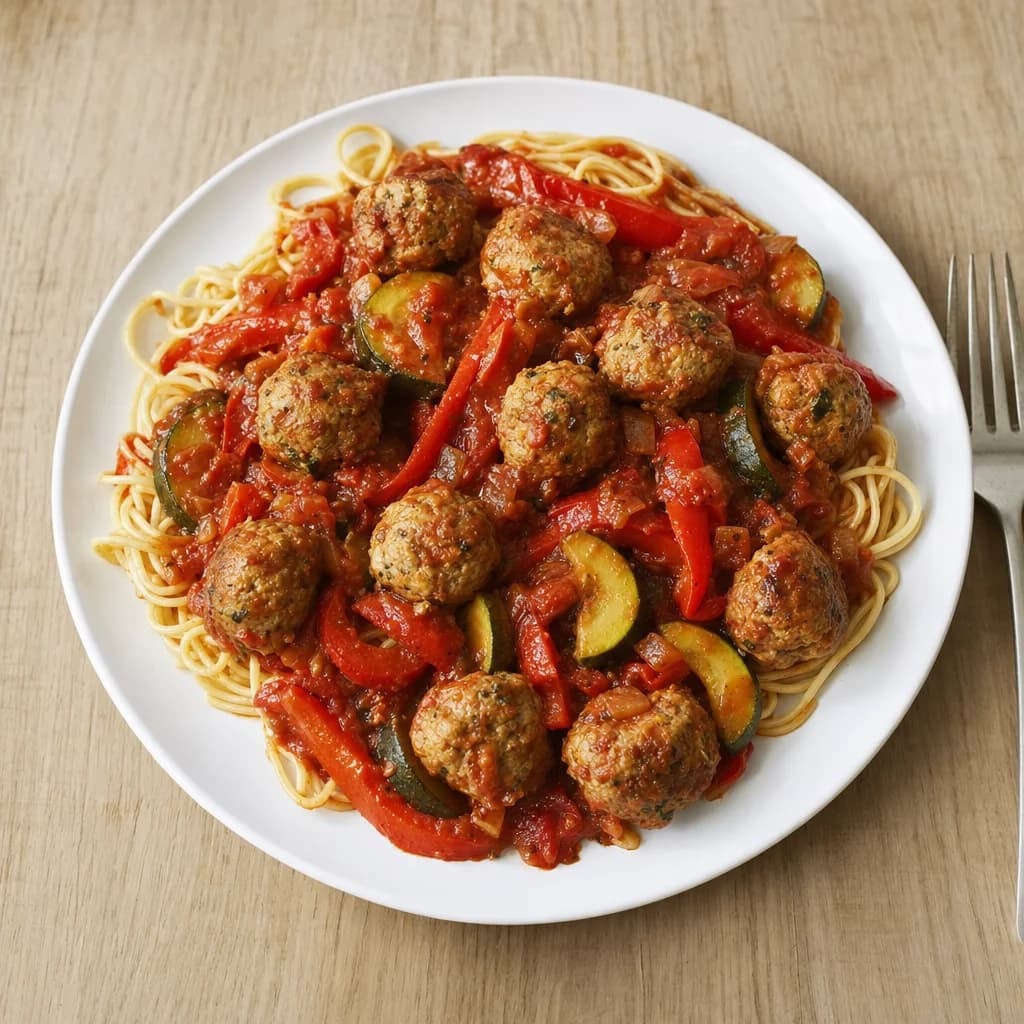 Slow Cooker Turkey Meatballs with Roasted Pepper, Courgette and Tomato Sauce recipe photograph