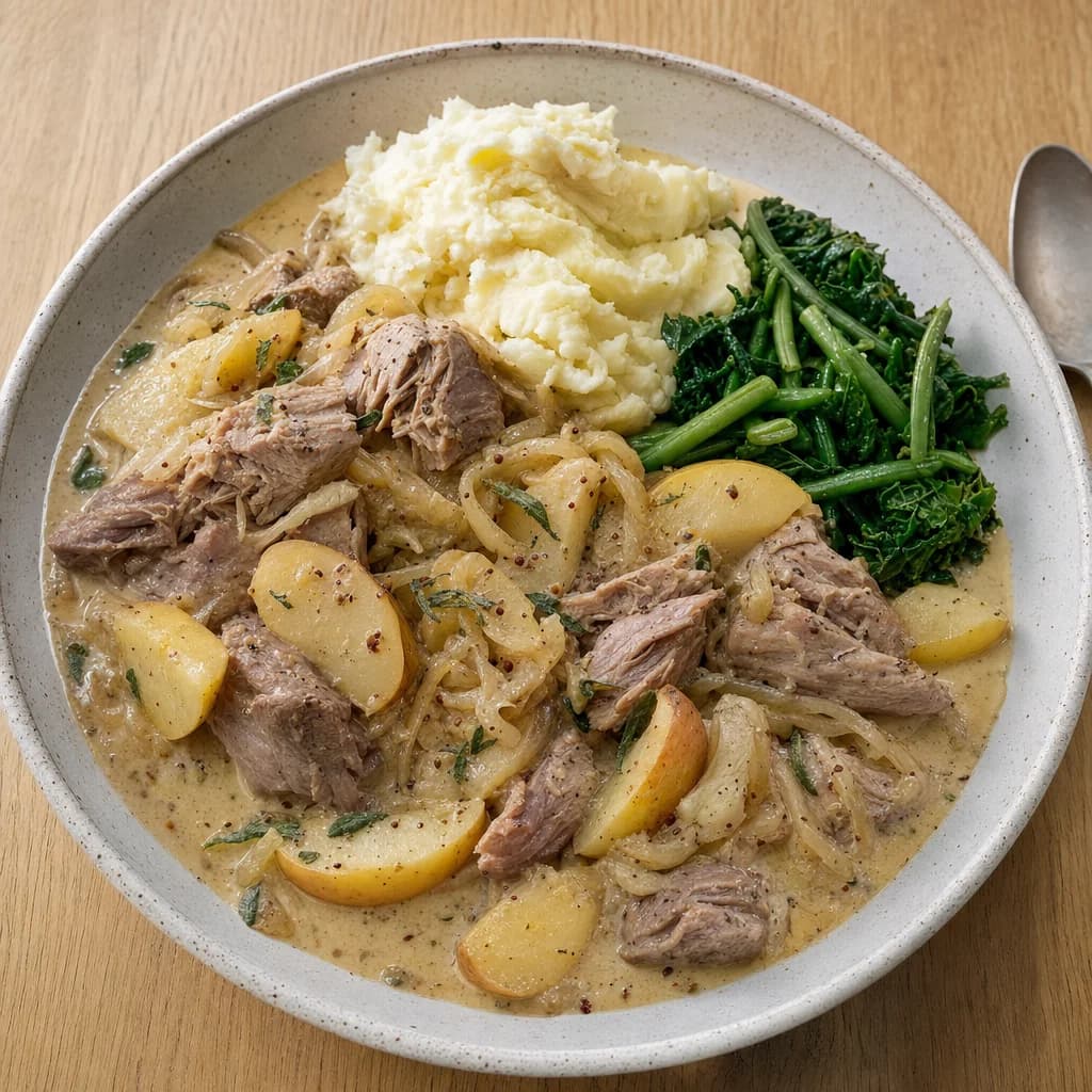 Slow Cooker Pork Shoulder with Apple, Onion and Mustard Cream recipe photograph