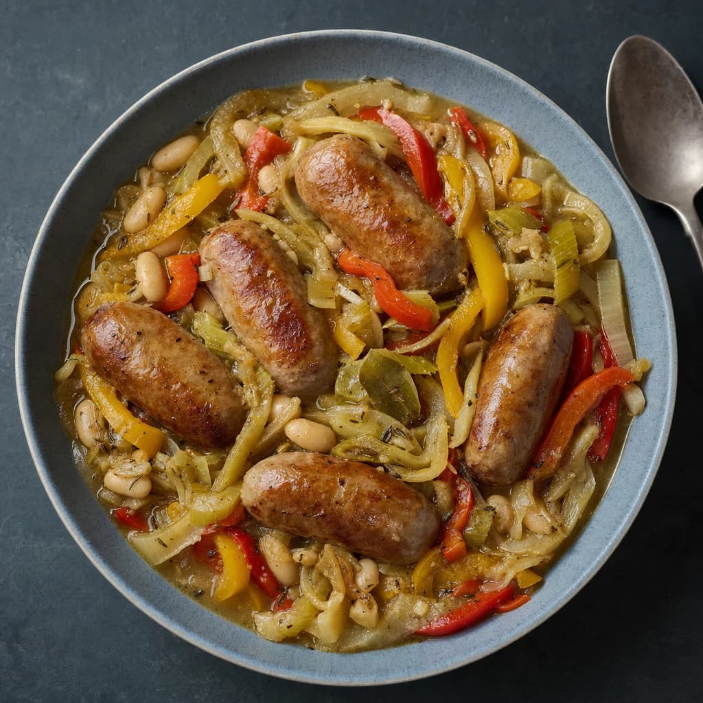 Slow Cooker Cider-Mustard Sausages with Cannellini Beans and Peppers recipe photograph