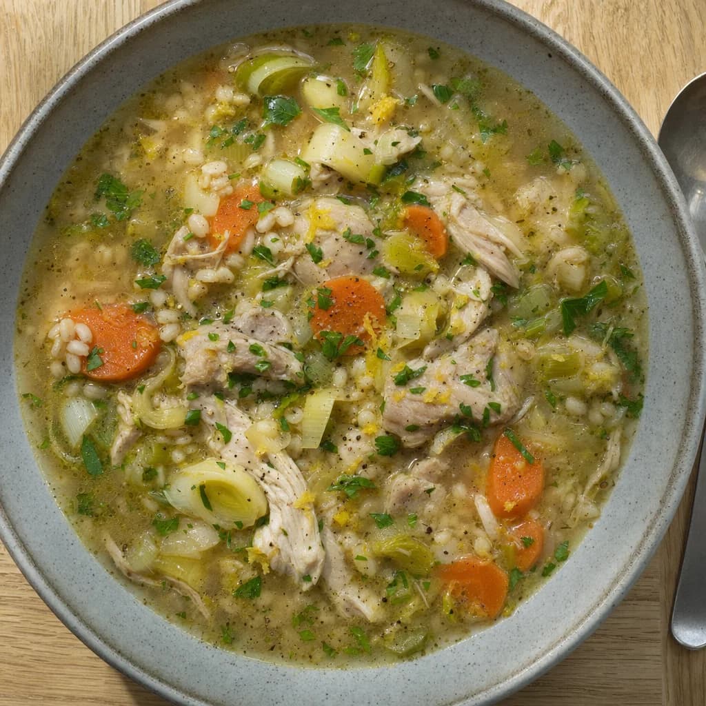 Slow Cooker Lemon Chicken and Pearl Barley Broth recipe photograph