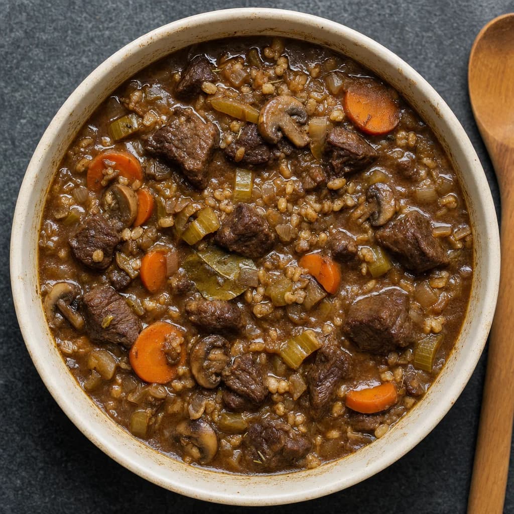 Slow Cooker Beef, Ale and Mushroom Pearl Barley Pot recipe photograph