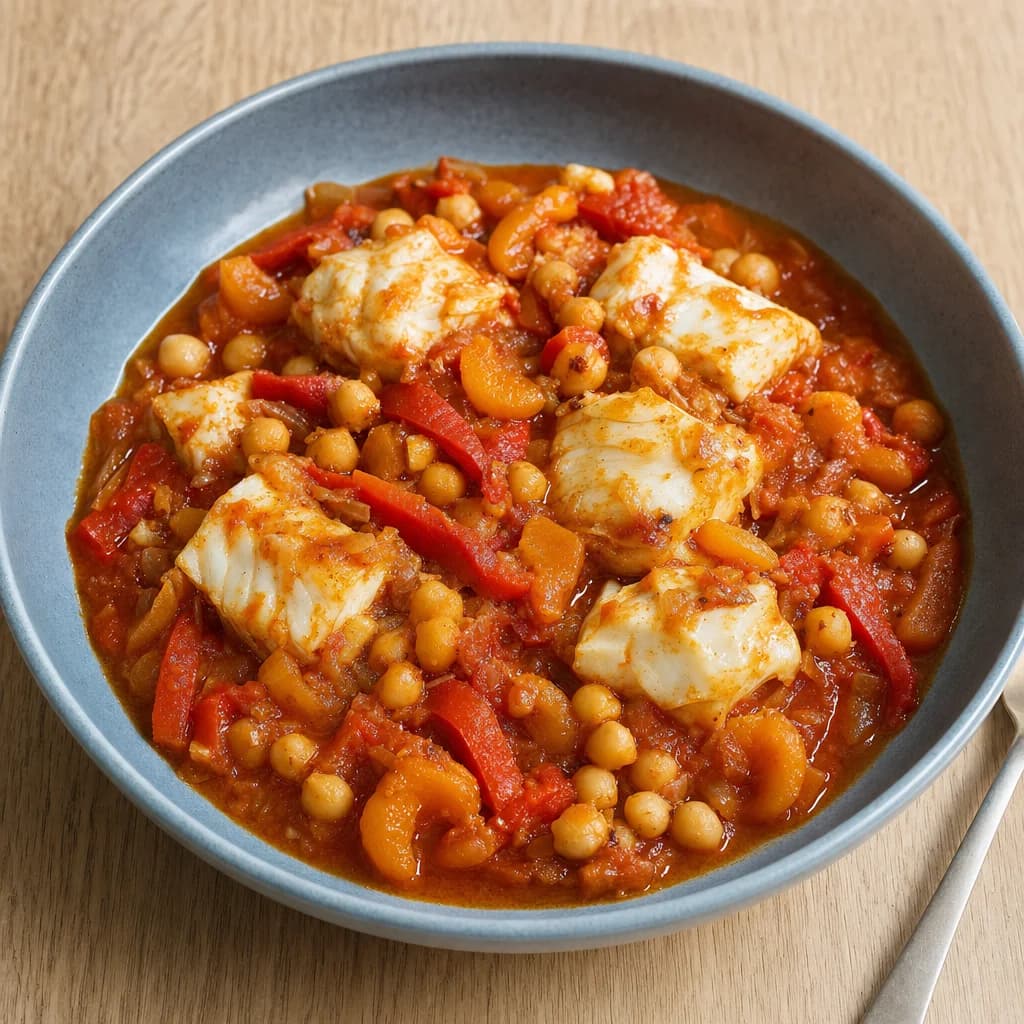 Slow Cooker Moroccan-Style Cod with Apricots and Chickpeas recipe photograph