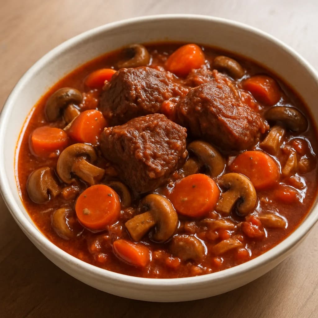 Slow Cooker Beef Shin with Chestnut Mushrooms and Tomato recipe photograph