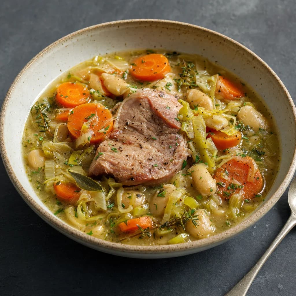 Slow Cooker Cider Gammon, Leek and Carrot Bean Broth recipe photograph