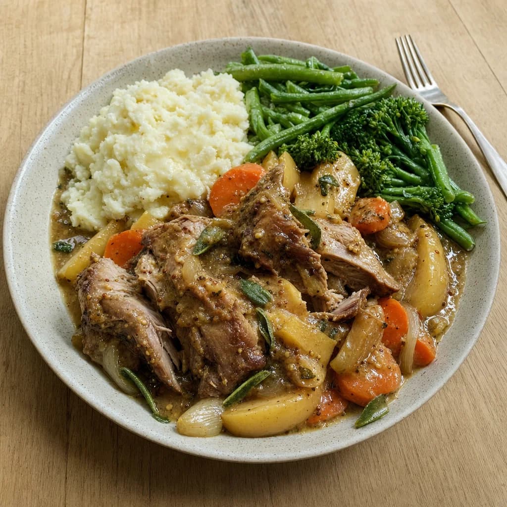 Slow Cooker Pork Shoulder with Apple, Sage and Mustard Gravy recipe photograph