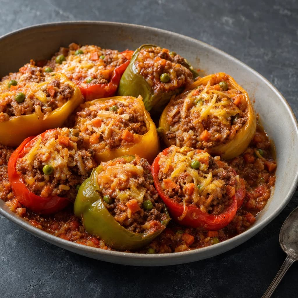 Slow Cooker Minced Beef, Carrot and Pea Stuffed Peppers recipe photograph