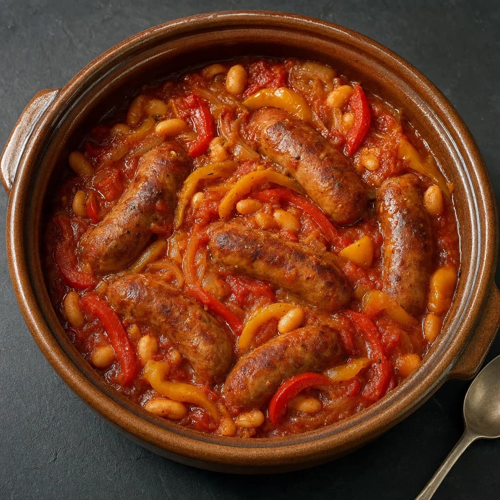 Slow Cooker Smoky Paprika Sausages with Cannellini Beans and Peppers recipe photograph