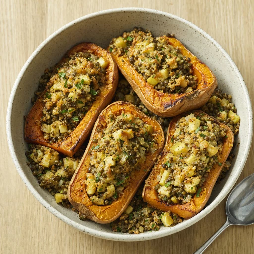 Slow Cooker Apple, Sage and Lentil-Stuffed Butternut Squash recipe photograph