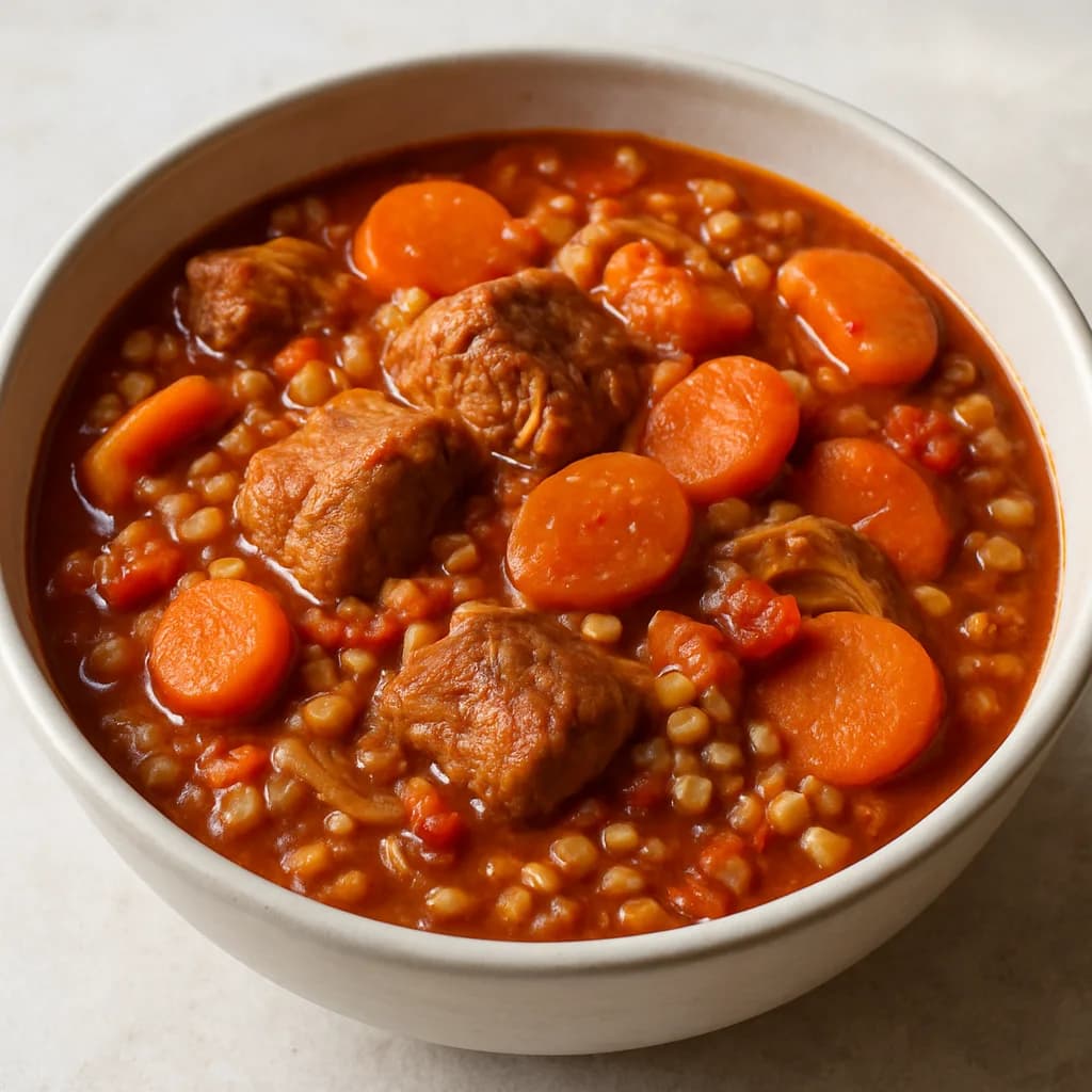 Slow Cooker Pork, Apricot and Pearl Barley Stew recipe photograph