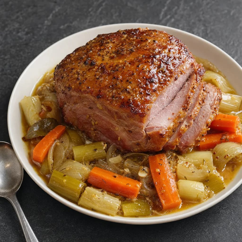 Slow Cooker Gammon with Mustard-Honey Glaze, Leeks and Carrots recipe photograph