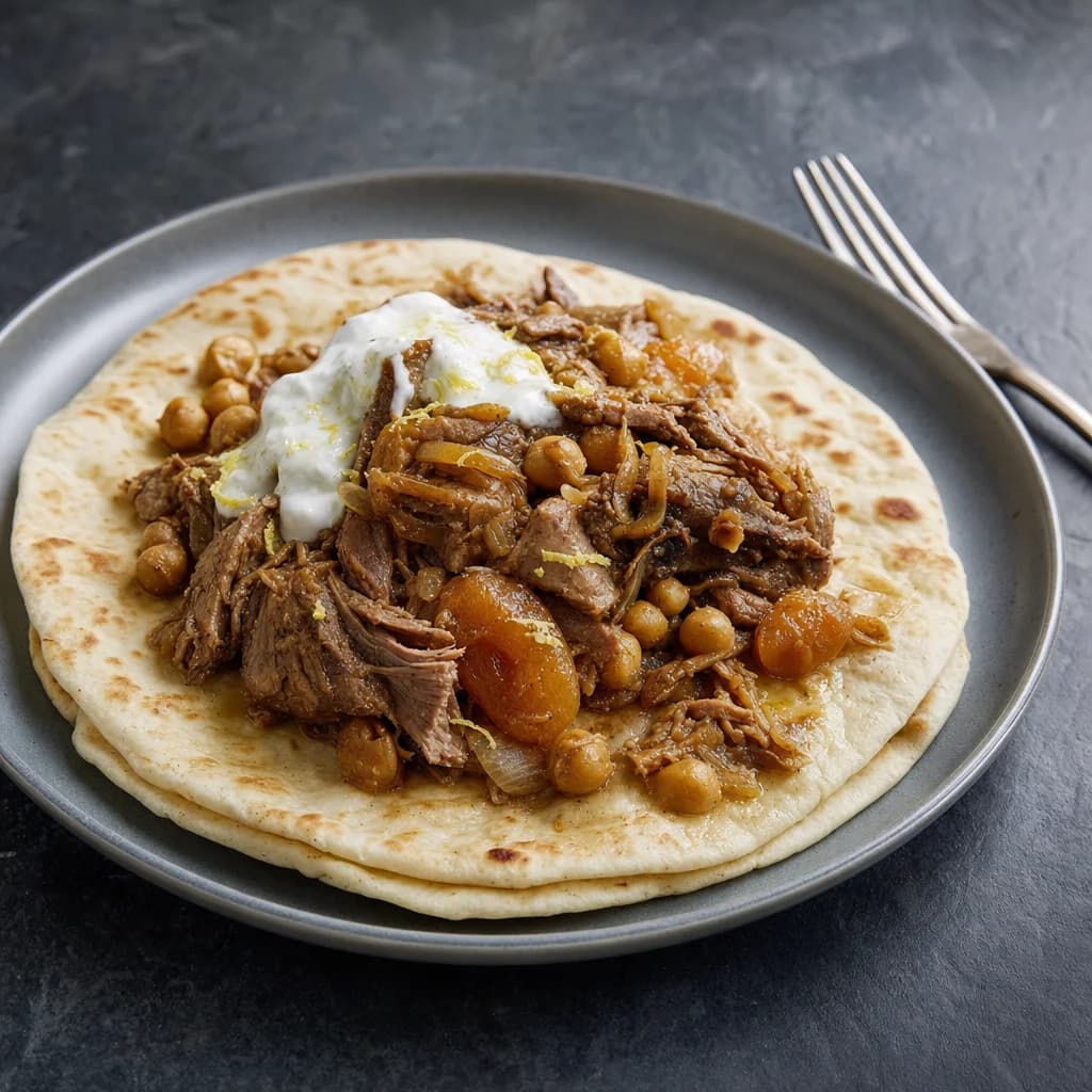 Slow Cooker Apricot-Spiced Pulled Lamb with Chickpeas recipe photograph