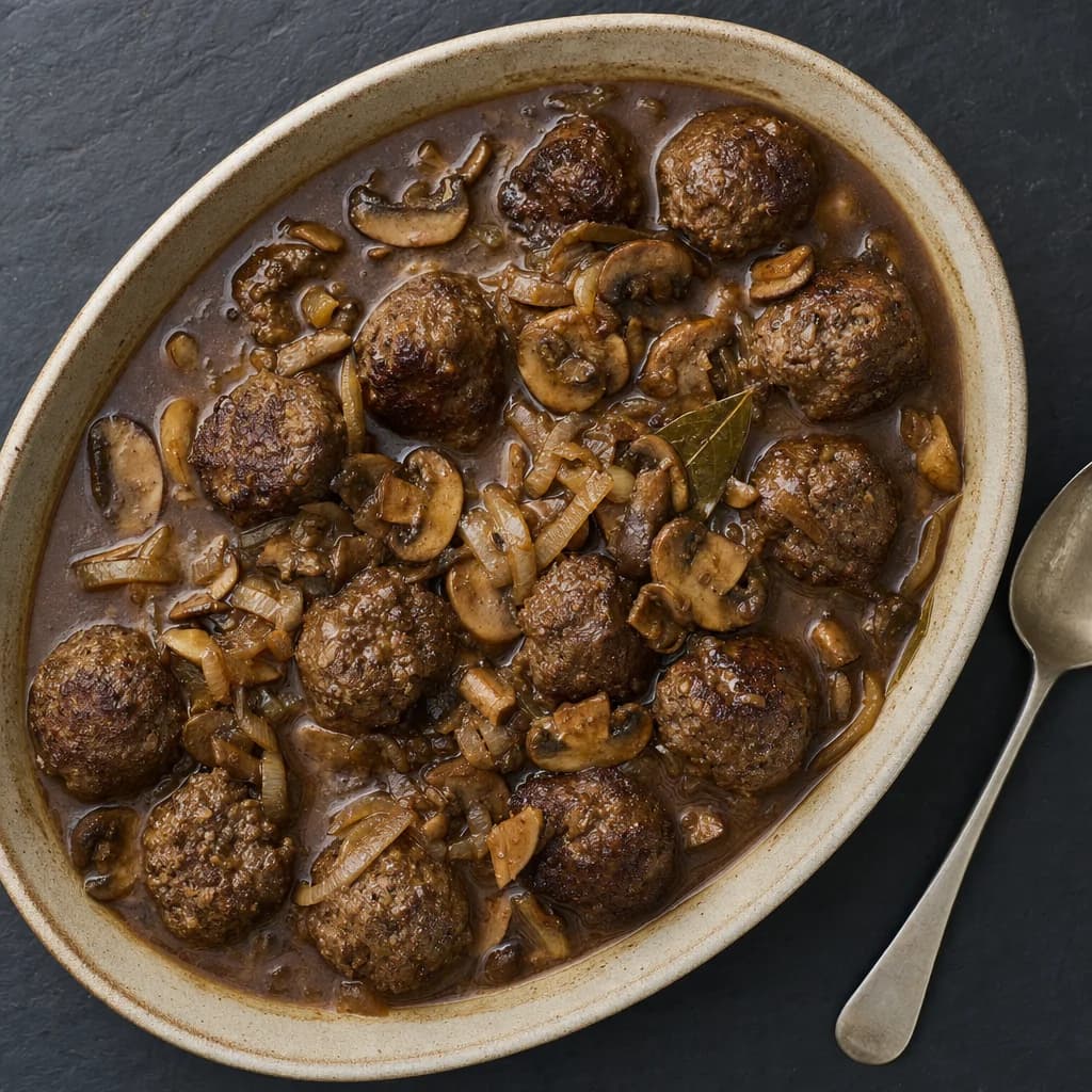 Slow Cooker Beef and Ale Meatballs with Mushroom Gravy recipe photograph