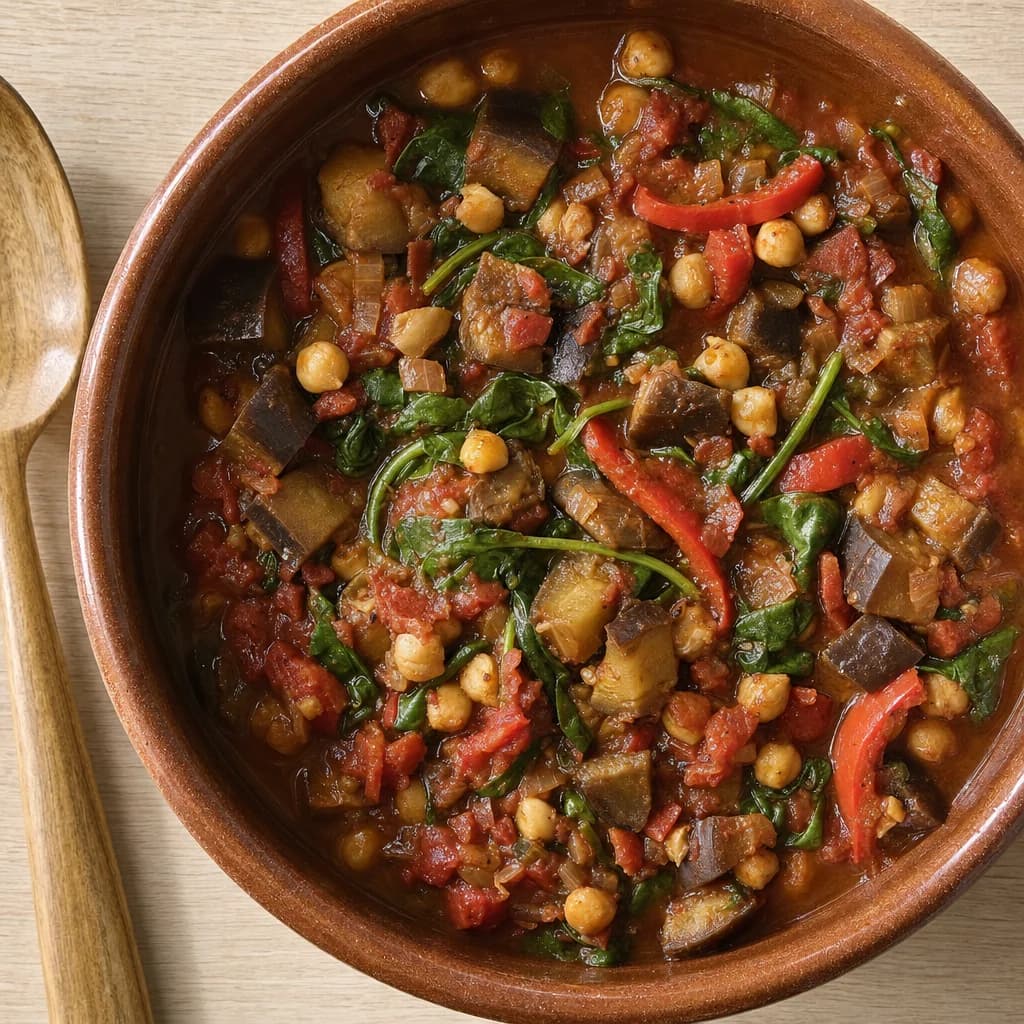 Slow Cooker Cumin Chickpea, Aubergine and Spinach Stew recipe photograph