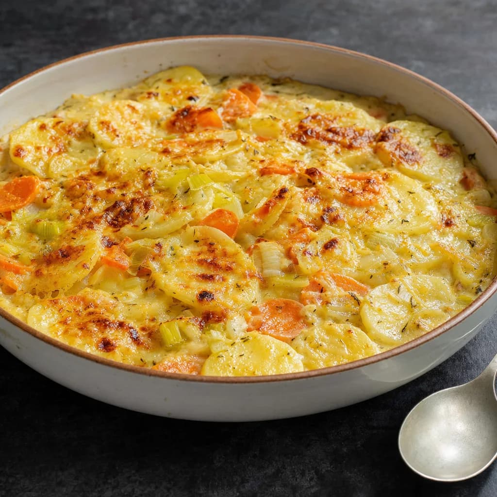 Slow Cooker Mustard Leek, Carrot and Cheddar Potato Bake recipe photograph