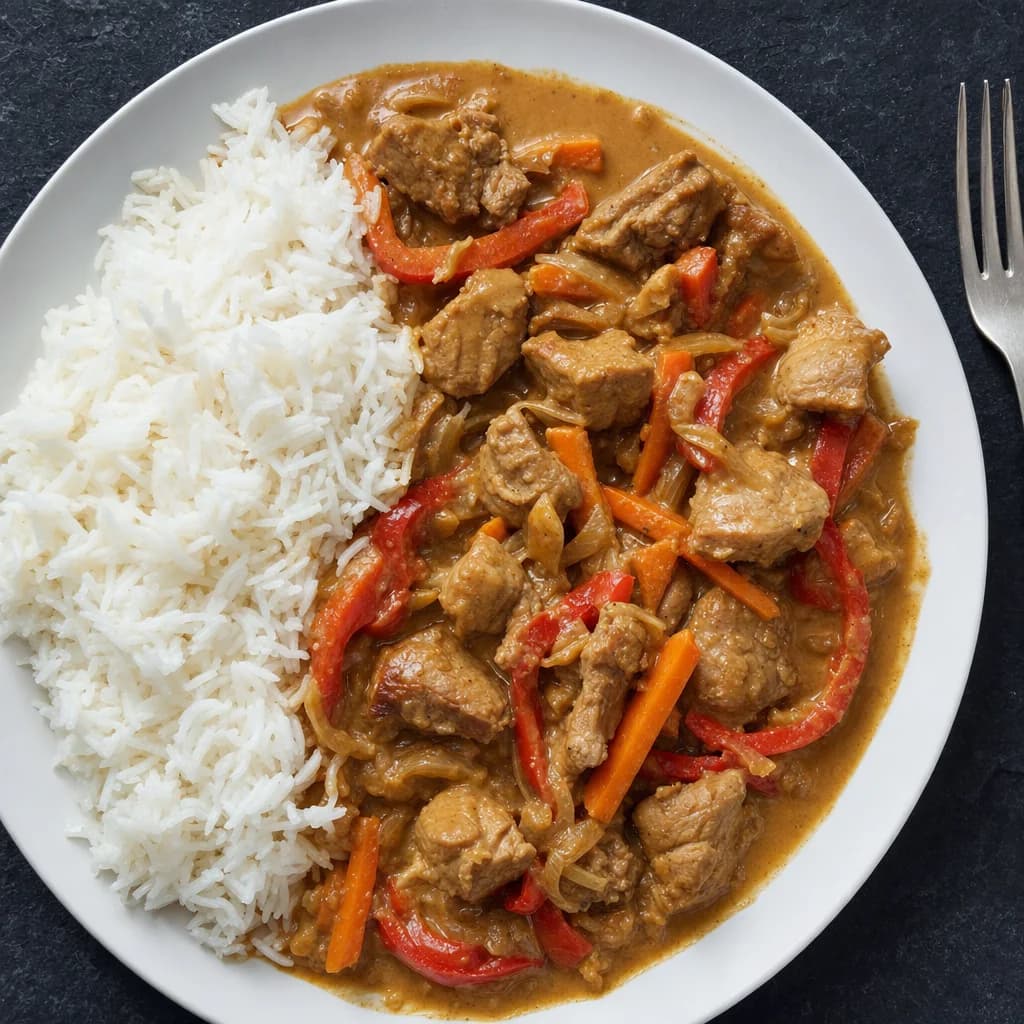 Slow Cooker Ginger-Garlic Pork with Peanut Satay Sauce recipe photograph