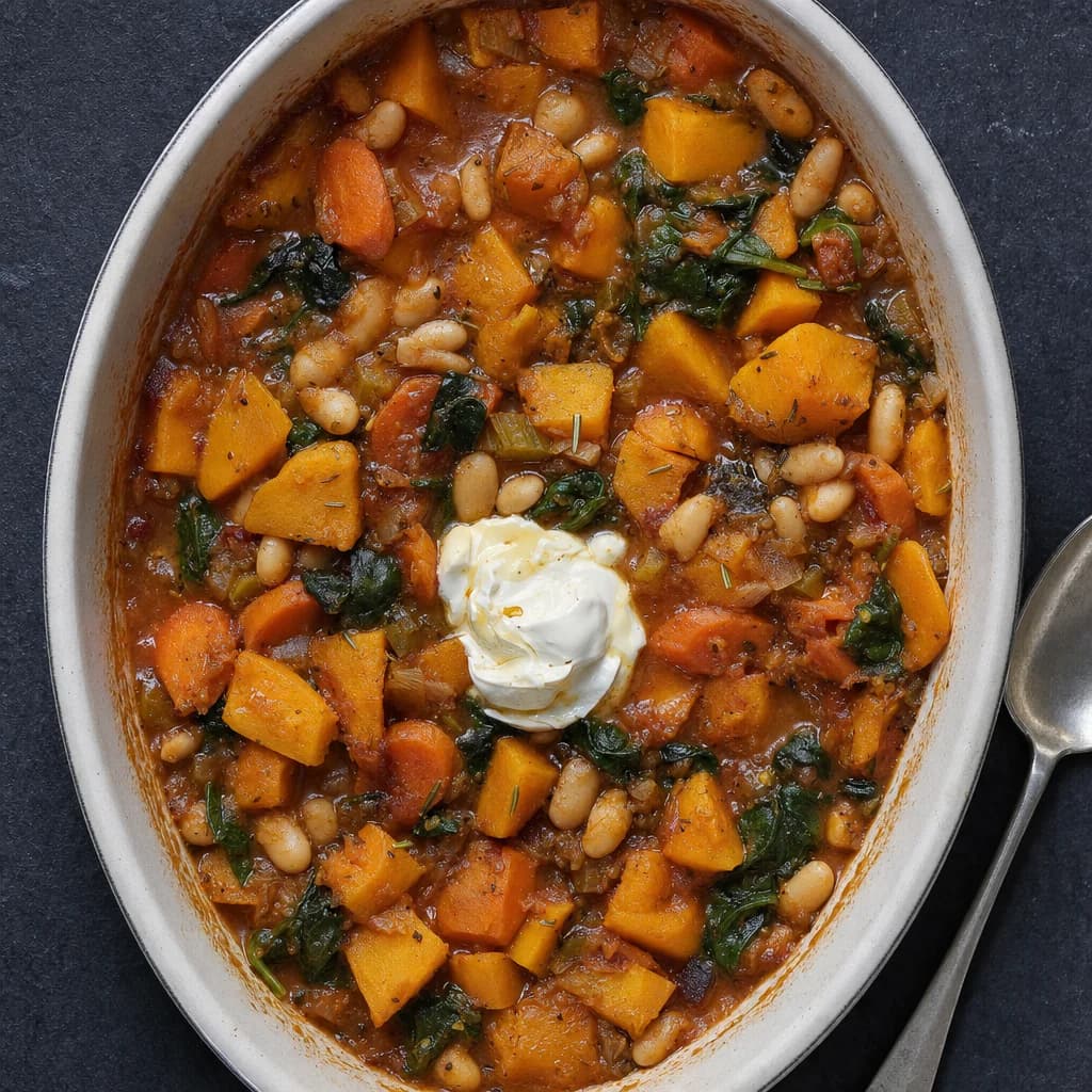 Slow Cooker Rosemary Squash and Cannellini Bean Stew recipe photograph