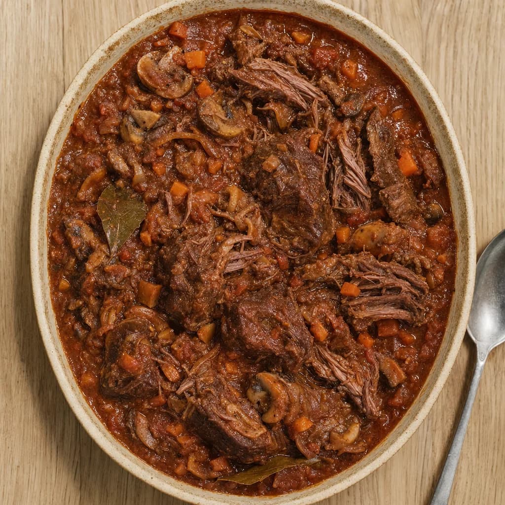 Slow Cooker Beef Shin and Mushroom Tomato Ragù recipe photograph