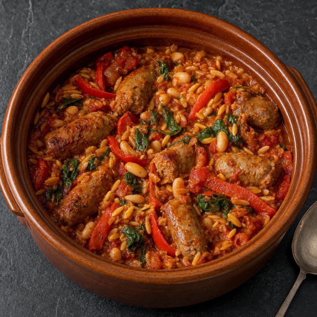 Slow Cooker Sausage, Cannellini and Roasted Pepper Orzo recipe photograph
