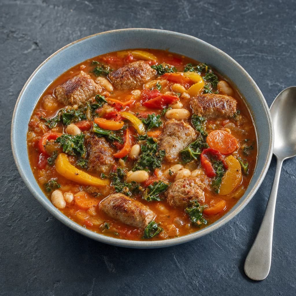 Slow Cooker Sausage, Cannellini Bean and Pepper Soup recipe photograph