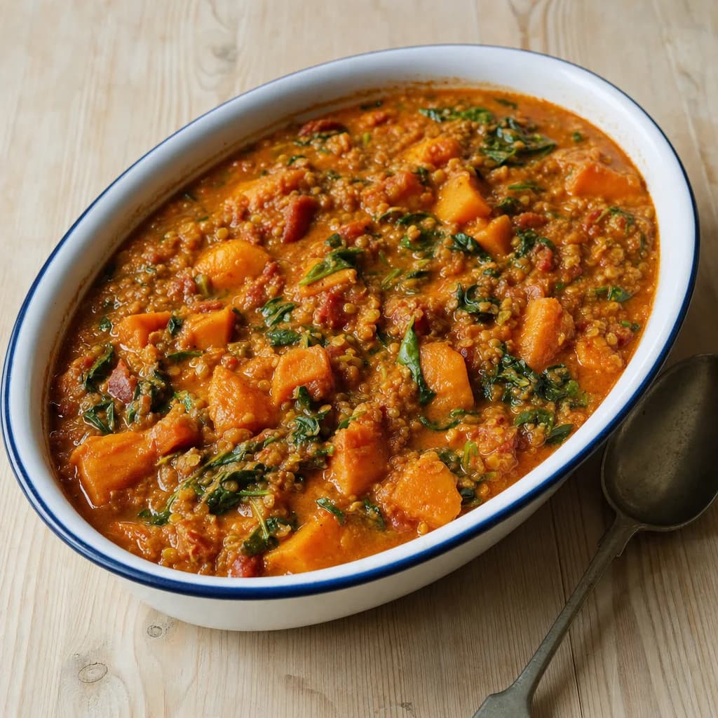 Slow Cooker Sweet Potato, Red Lentil and Coconut Tomato Dhal recipe photograph